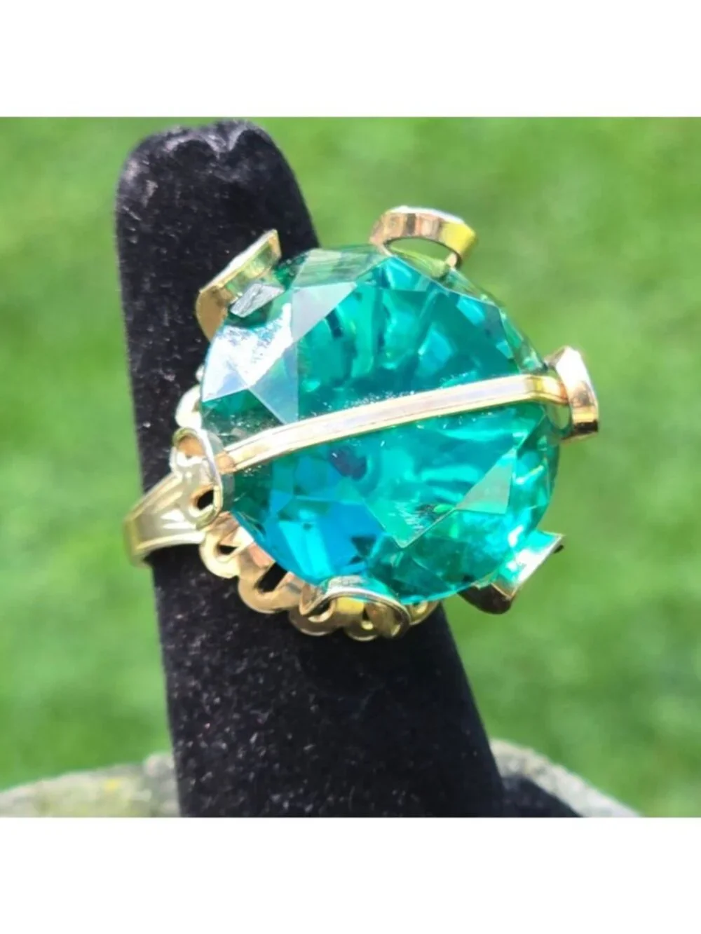 MCM Cocktail Ring Faceted Emerald-Green Crystal Gold-Tone Open-Work Statement